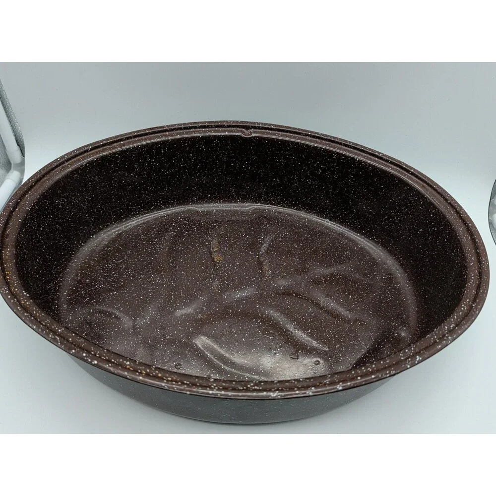 Graniteware Enamel Lrg Oval Oven VTG Brown Roast pan 16 x 12 x 4 in Lid USA